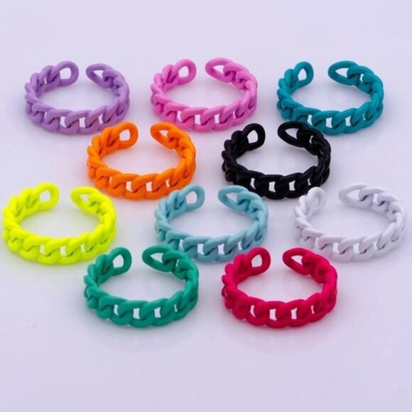 Curb Chain Ring Curb Link Chain Ring Enamel  Adjustable Ring White - Picture 3 of 3